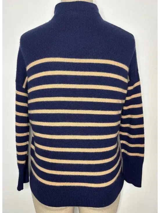 Magaschoni Cashmere Knit Funnel Neck Sweater Striped Blue Camel Soft Womens - M - Picture 3 of 7